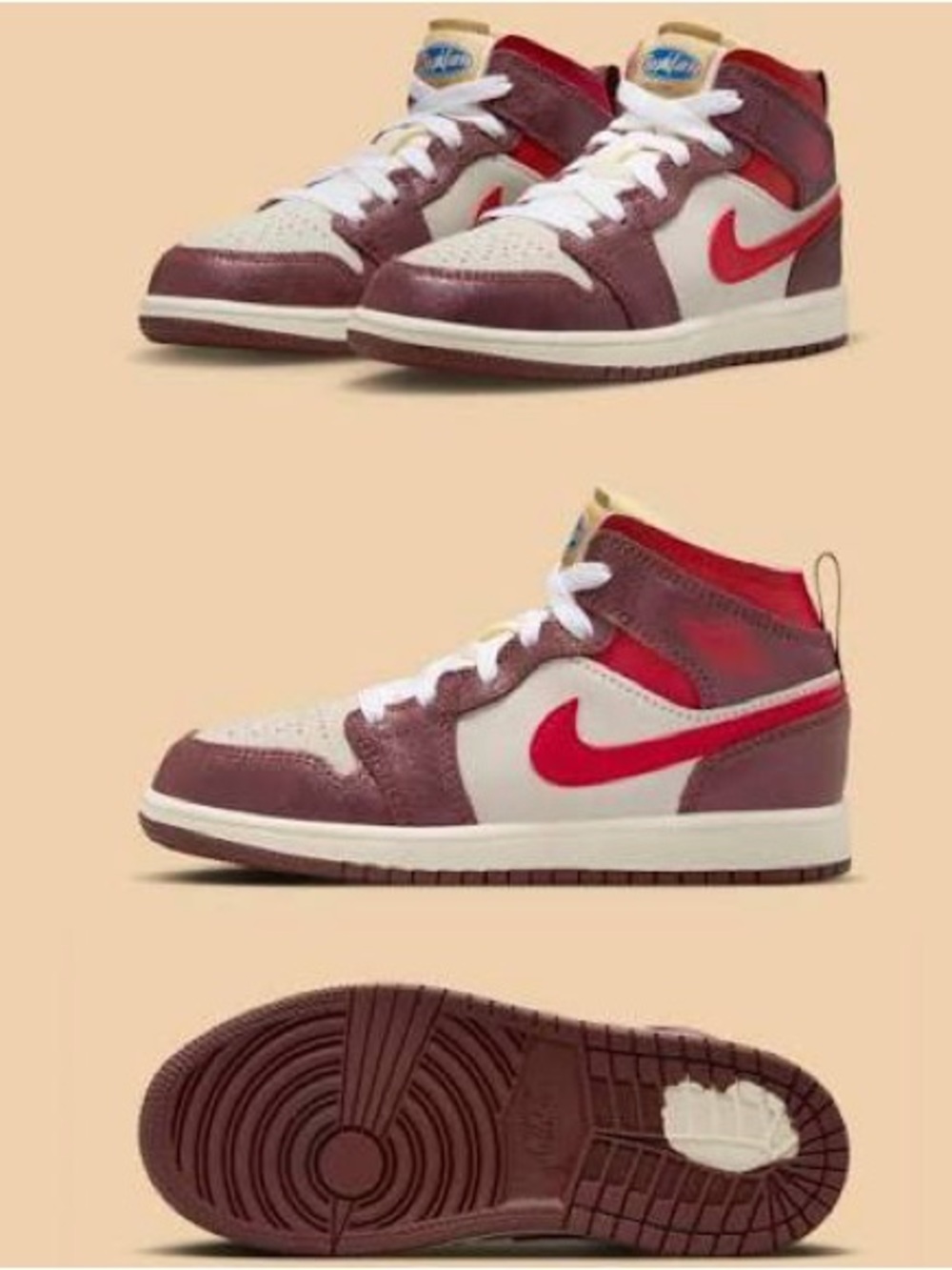 Jordan Kids Mid-Top Sneakers in White, Burgundy and Red
